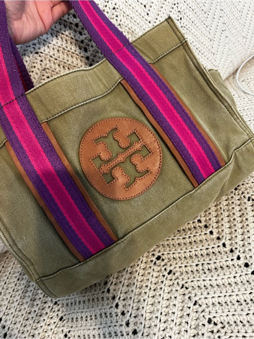 Tory Burch Olive Canvas Tote with Pink & Purple Stripe Handles - Picture 7 of 10
